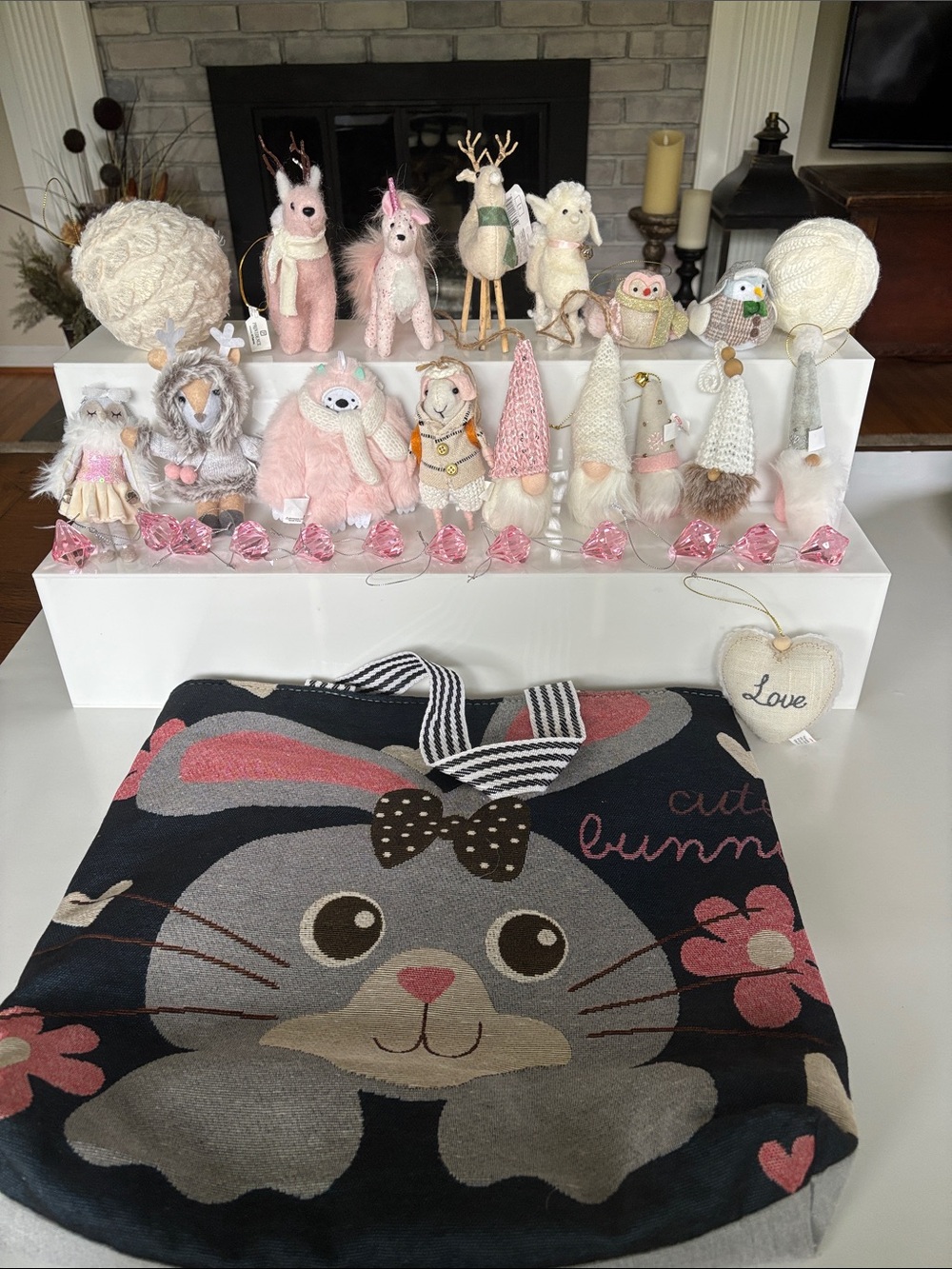 Pink themed felt Christmas Ornament Bundle with Bunny Tote Bag